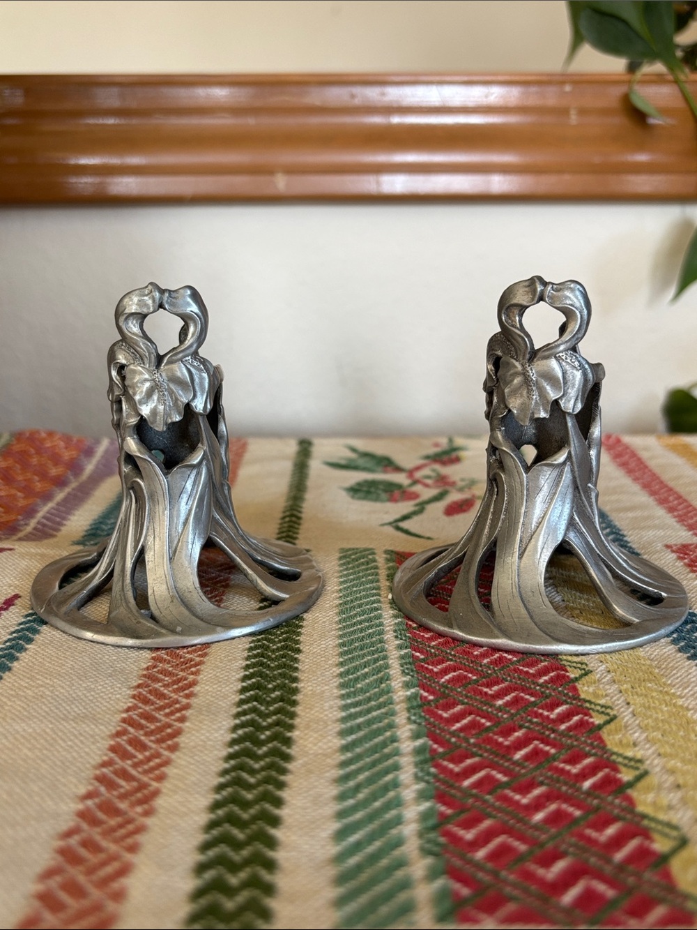 Pewter Iris Candle Holder Pair EUC